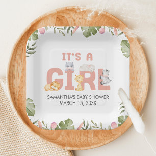 Girl Safari Animal Baby Shower Paper Plate