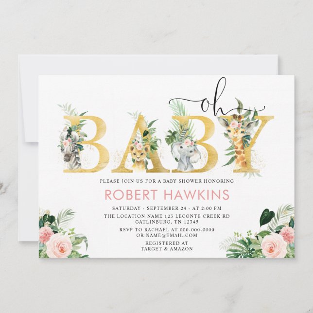 Girl Safari Animal Editable Oh Baby Shower Invitation (Front)