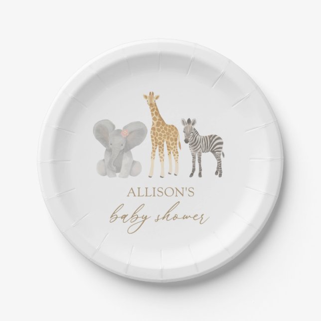 Girl Safari Animals Baby Shower Paper Plate (Front)