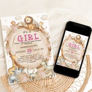 Girl Safari Animals Pink Baby Shower Invitation