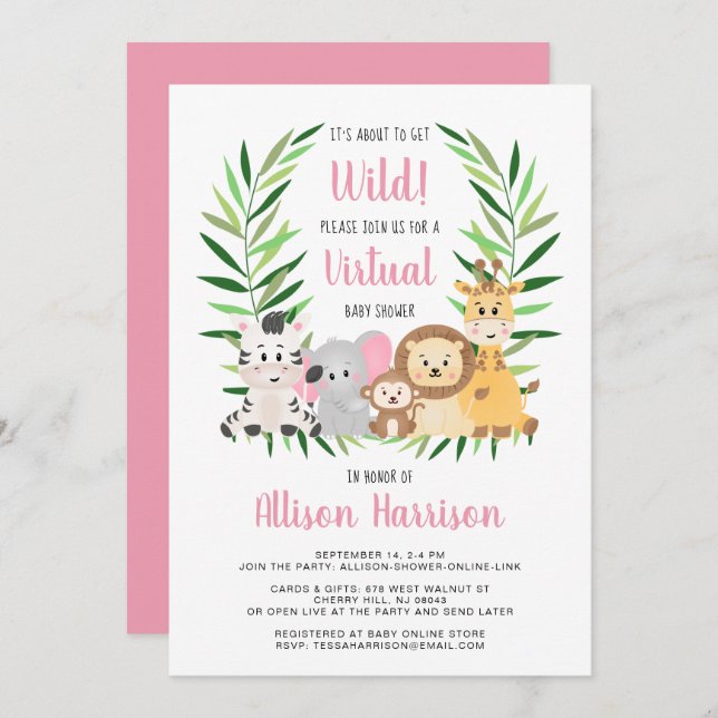 Girl Safari Animals Virtual Baby Shower Invitation (Front/Back)