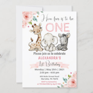 Girl Safari Baby Animals 1st Birthday Invitation