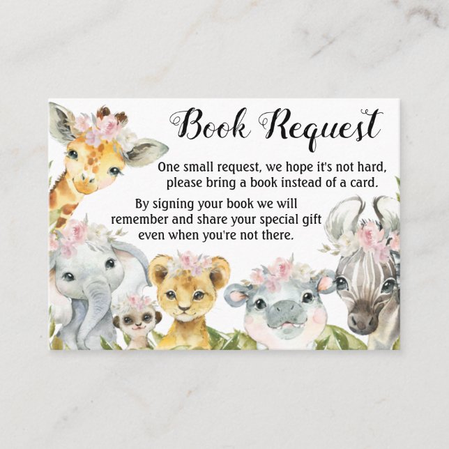 Girl Safari Baby Shower Book Request Cards (Front)