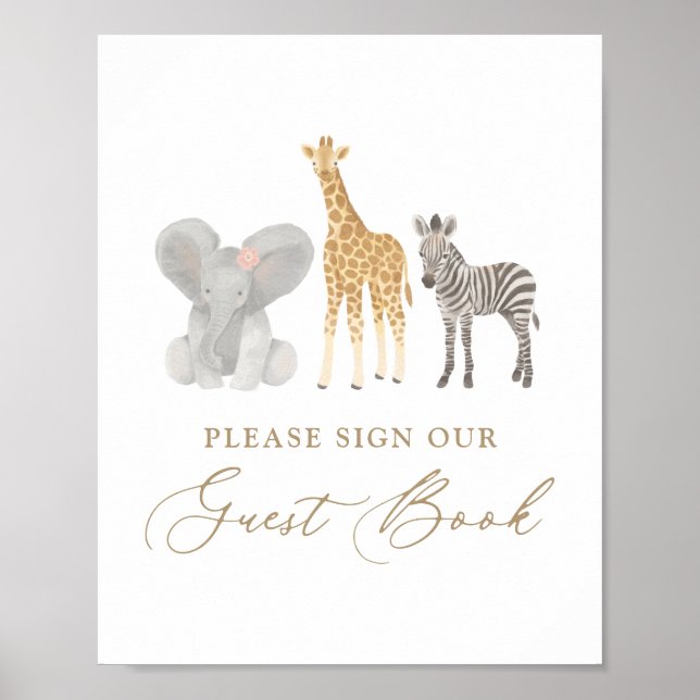 Girl Safari Baby Shower Guest Book Sign (Front)