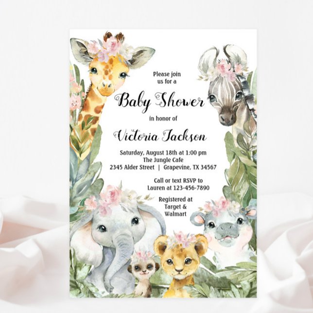 Girl Safari Baby Shower Invitations (You can change all text, font style, font color.)