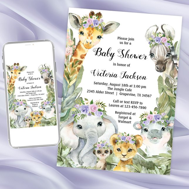 Girl Safari Baby Shower Purple Floral Invitation (Girl purple safari baby shower invitation. Instant download and printed invitations available.)