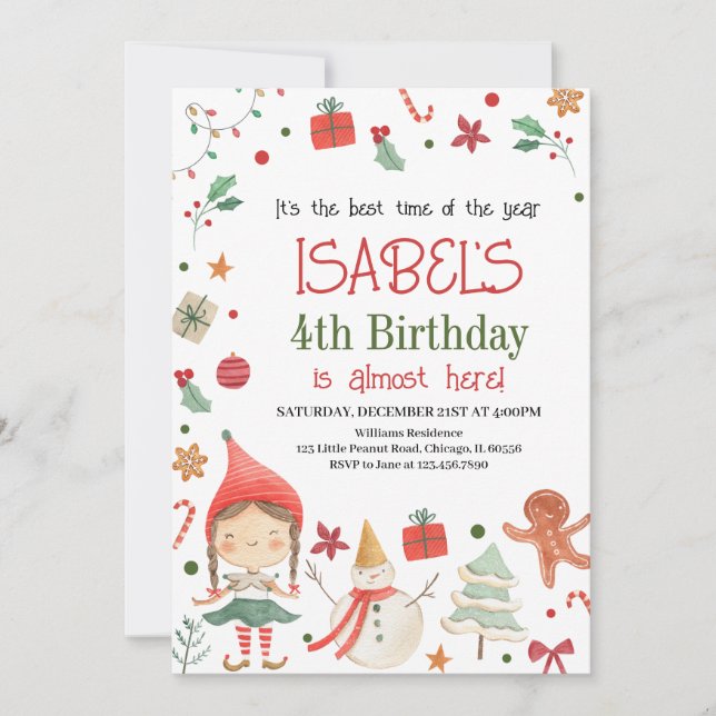  Girl Santa Elf Birthday Invitation (Front)
