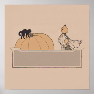 Girl Scarecrow Pumpkin Jack O Lantern Black Cat Poster