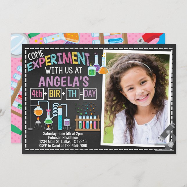 Girl Science Birthday Party Invitation Invite (Front/Back)