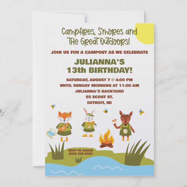 Girl Scouts, Camping, Outdoors Themed Birthday Invitation (Front)