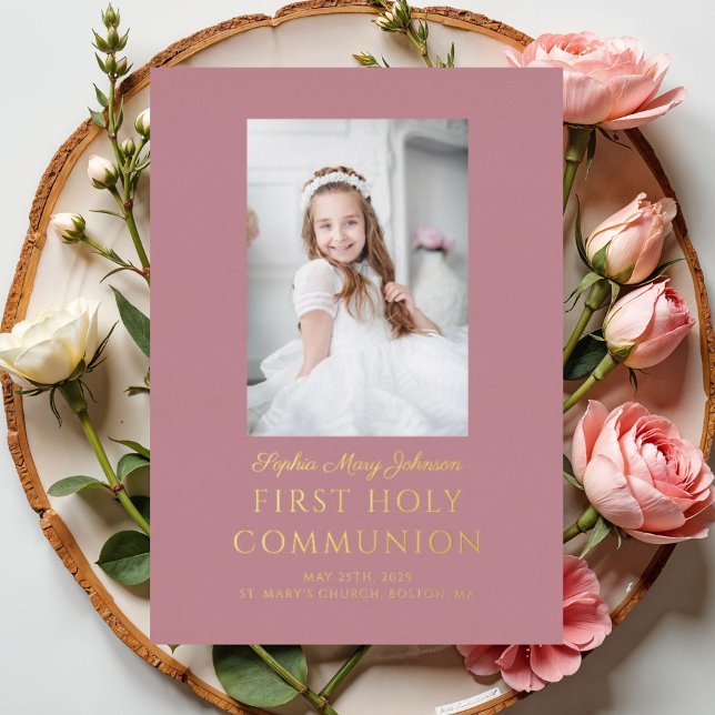 Girl Script Photo First Holy Communion Rose Gold (Pink Photo Girl First Communion Rose Gold Foil Invitation)