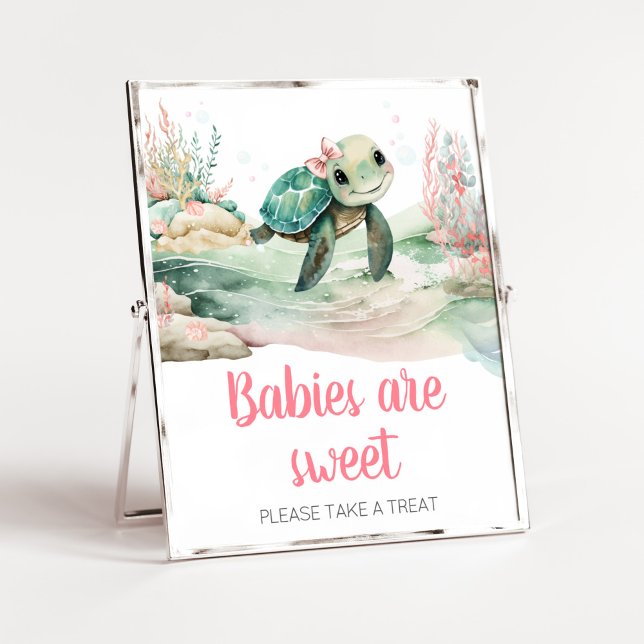 Girl Sea Turtle Baby Shower Babies are Sweet Poster (A Little Hatching Is On the Way Baby Shower Babies are Sweet Sign)