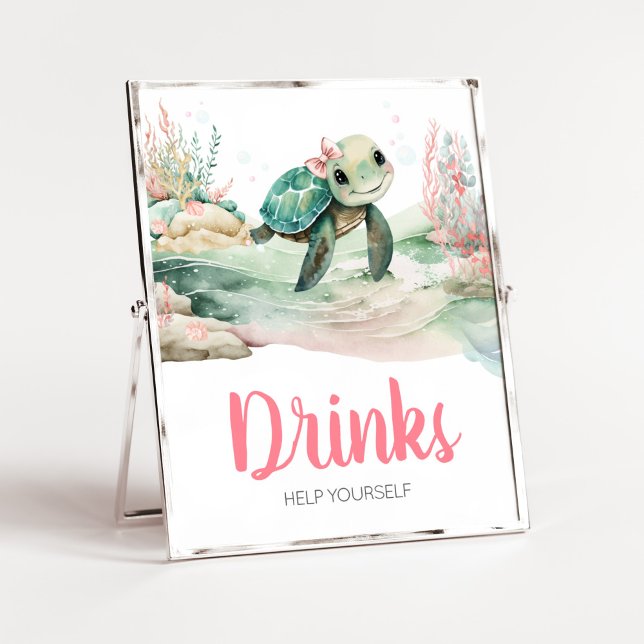 Girl Sea Turtle Baby Shower Drinks Poster (A Little Hatching Is On the Way Baby Shower Drinks Sign)
