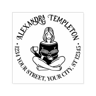 Girl Seated Crossed Legged Reading #2 Name Address Self-inking Stamp