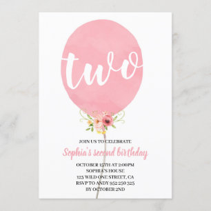 Girl Second Birthday Pink Balloon Invitation
