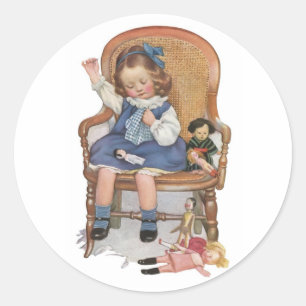 Girl Sewing Dollies Classic Round Sticker