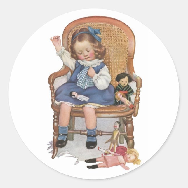 Girl Sewing Dollies Classic Round Sticker (Front)