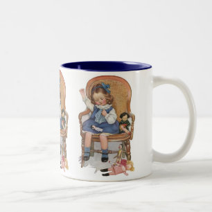 Girl Sewing Dollies Two-Tone Coffee Mug