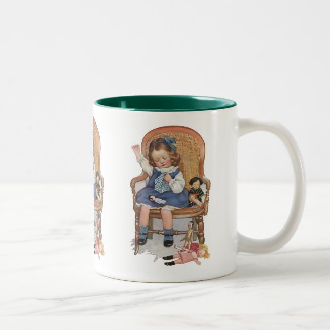 Girl Sewing Dollies Two-Tone Coffee Mug (Right)