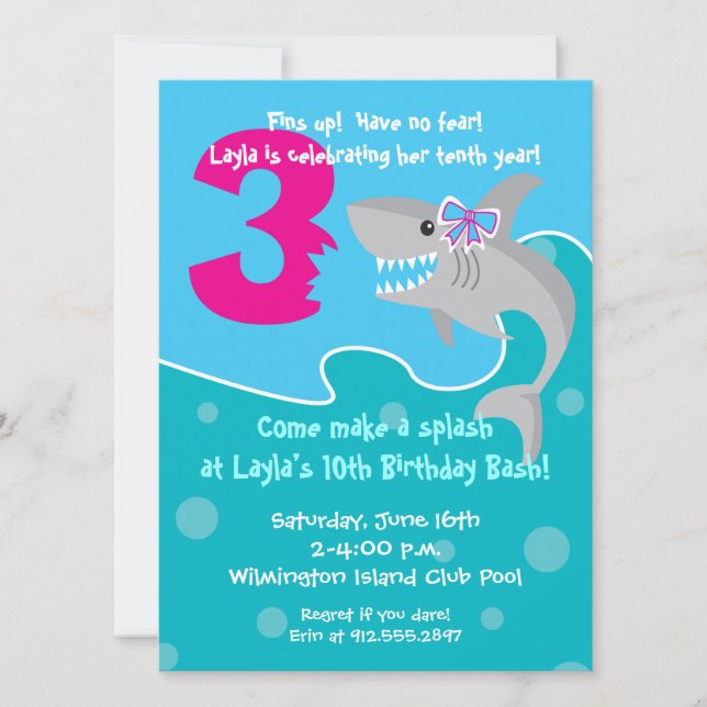 Girl Shark Bite Invite- 3rd Birthday Party Invitation (Front)