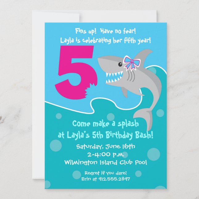 Girl Shark Bite Invite- 5th Birthday Party Invitation (Front)