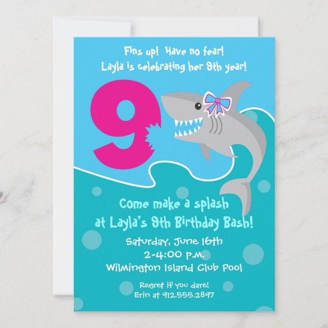 Girl Shark Bite Invite- 9th Birthday Party Invitation (Front)