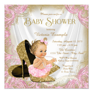 Girl Shoe Pink Gold Glitter Pearl Baby Shower Invitation