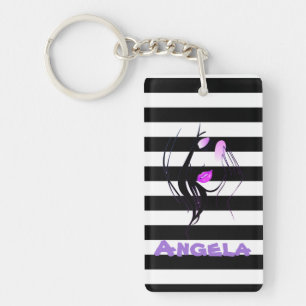 Girl Silhouette, Black, White Stripes Personalised Key Ring