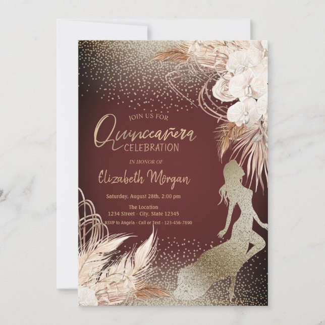 Girl Silhouette,Floral Boho Flowers Pampas Grass Invitation (Front)