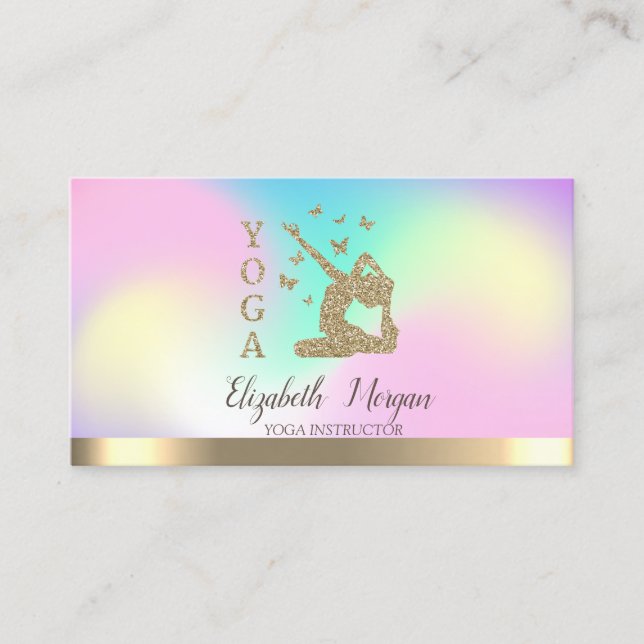 Girl Silhouette Ombre Holographic Yoga Instructor Business Card (Front)