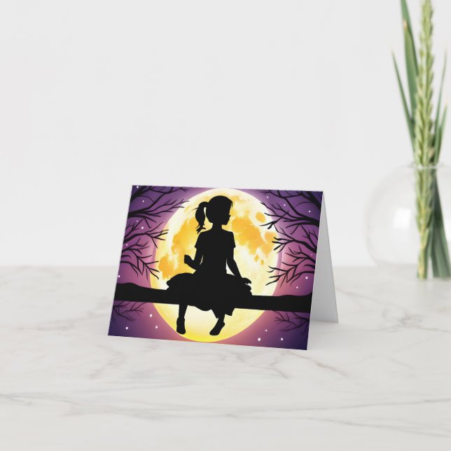 Girl Silhouette On Tree With Moon Note Card (Front)