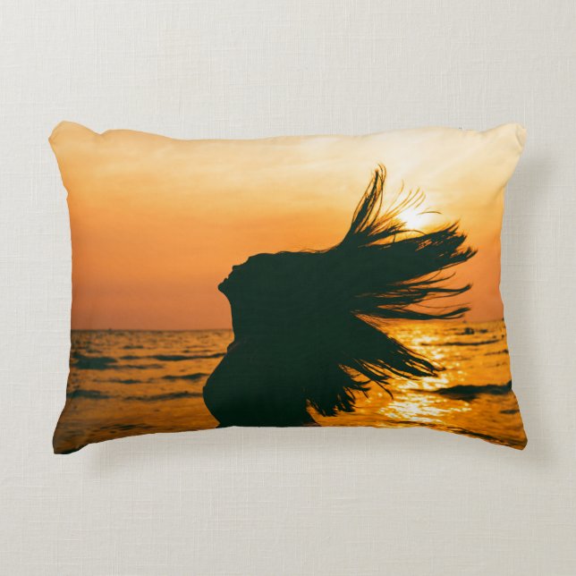 Girl silhouette, sea sunset, freedom. decorative cushion (Front)