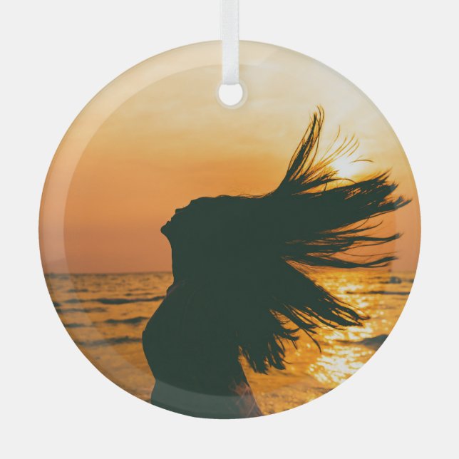 Girl silhouette, sea sunset, freedom. glass tree decoration (Front)