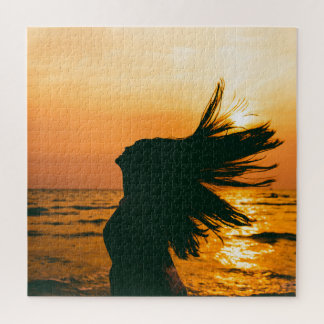 Girl silhouette, sea sunset, freedom. jigsaw puzzle