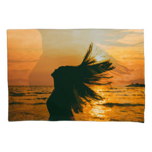Girl silhouette, sea sunset, freedom. pillowcase