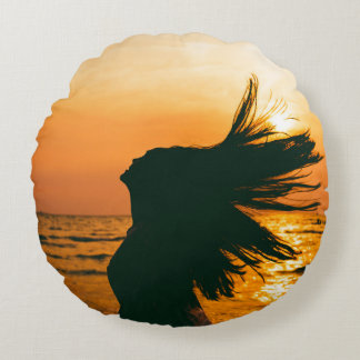 Girl silhouette, sea sunset, freedom. round cushion