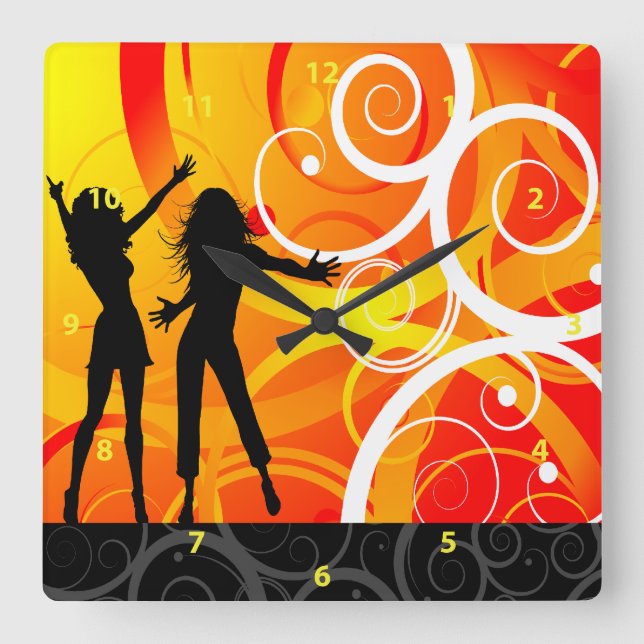 Girl Silhouettes Dancing On Background Of Swirls Square Wall Clock (Front)