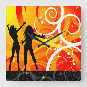 Girl Silhouettes Dancing On Background Of Swirls Square Wall Clock