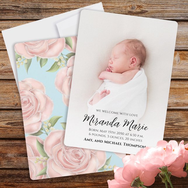 Girl Simple Overlay Text Newborn Photo Floral (Baby photo announcement with pretty pink floral rose pattern. )