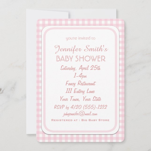 Girl Simple Pink Check Baby Shower Invitations (Front)