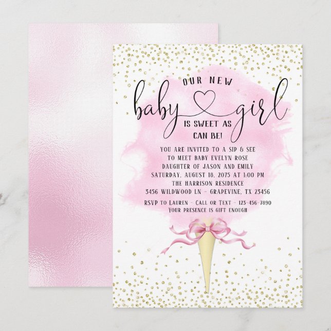 Girl Sip See Pink Gold Cotton Candy Baby Shower Invitation (Front/Back)