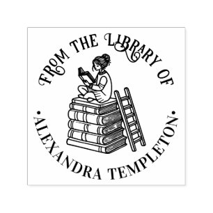 Girl Sitting on Books Reading #3 Library Book Name Self-inking Stamp