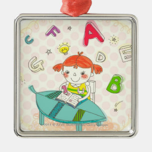 Girl sitting on chair, studying metal tree decoration