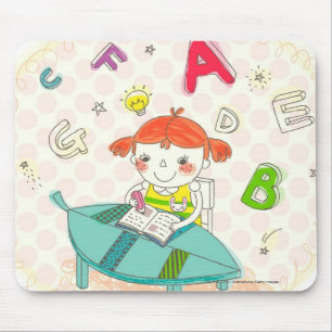 Girl sitting on chair, studying mouse pad