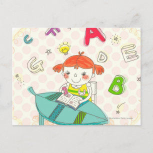 Girl sitting on chair, studying postcard