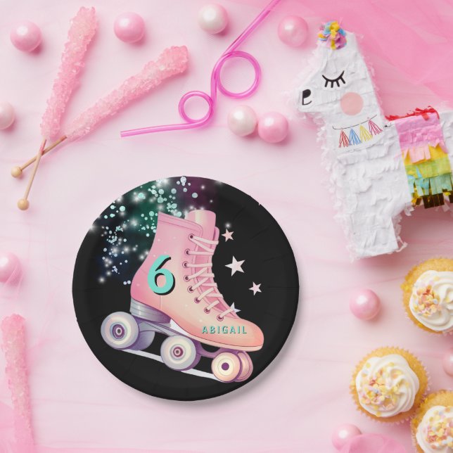 Girl Skate Party Black Neon Birthday  Paper Plate (Party)