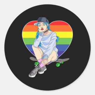 Girl Skateboarder Skater Girls Skateboarding Rainb Classic Round Sticker