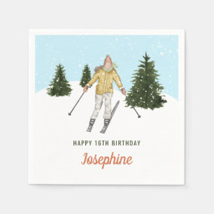 Girl Skiing In Winter Scene Watercolor Birthday Napkin