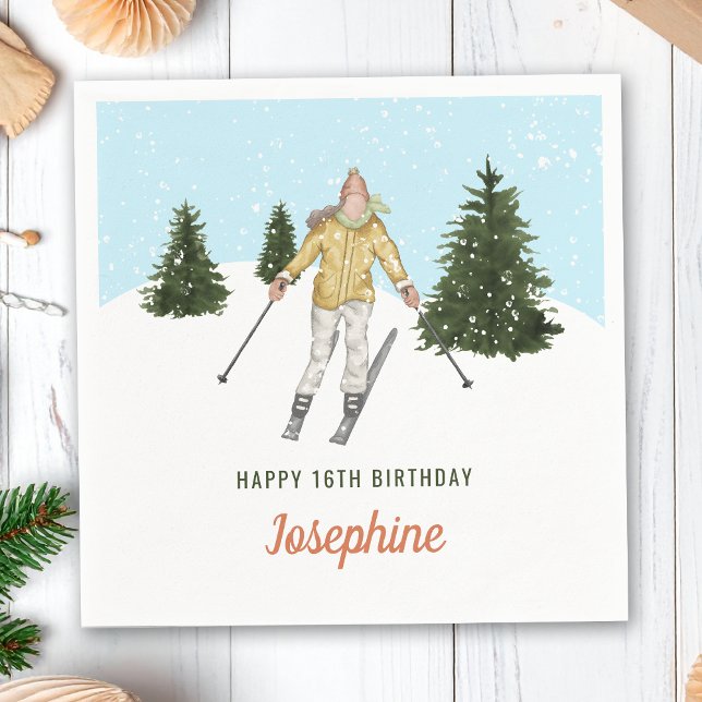Girl Skiing In Winter Scene Watercolor Birthday Napkin (Creator Uploaded)