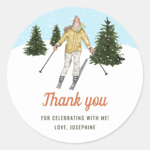 Girl Skiing In Winter Ski Birthday Thank You Classic Round Sticker